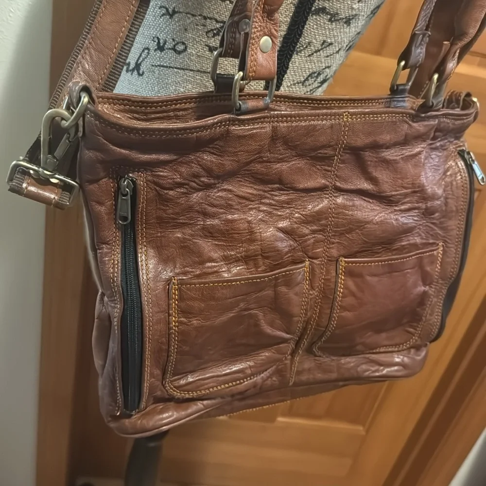 Goats Leather Tote Handbag Brown Shoulder Bag with cross body strap